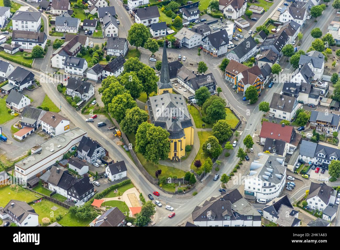 Aerial view, catholic church St. Severin, Wenden, Sauerland, North Rhine-Westphalia, Germany, place of worship, DE, Europe, religious community, place Stock Photo