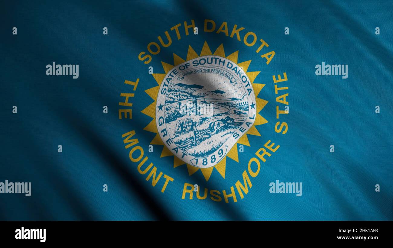 Close-up of flag of South Dakota. Animation. Beautiful background of waving blue flag with image of round state seal in center. Flags of States of Ame Stock Photo