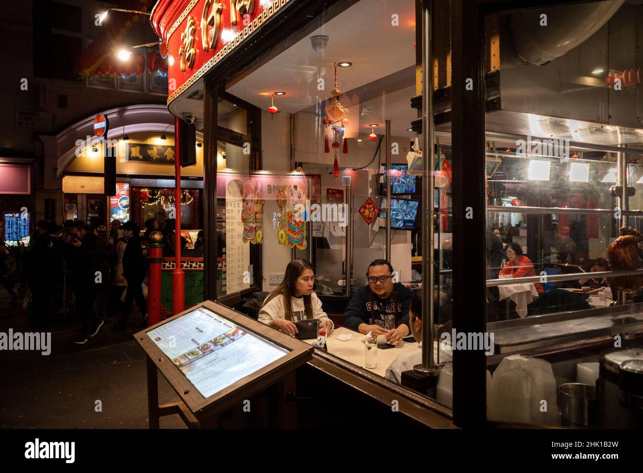 London, UK. 1 February 2022. People dining in the Wanchai Corner restaurant  in Chinatown on the evening of Chinese New Year as The Year of the Tiger  officially begins. Festivities in Chinatown