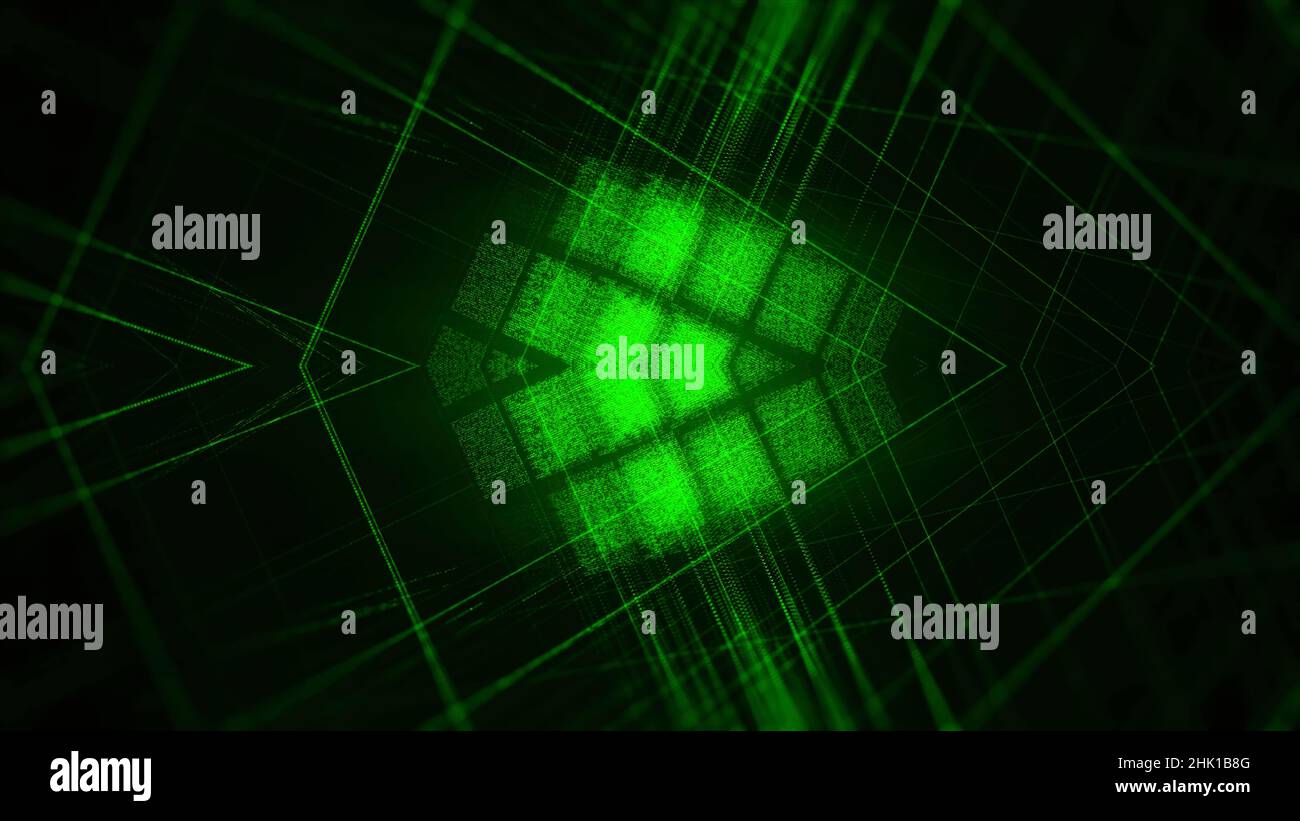 Neon lines with geometric shape in cyberspace. Animation. Intersecting laser lines in cyberspace on red background. Neon lines create geometric shape Stock Photo