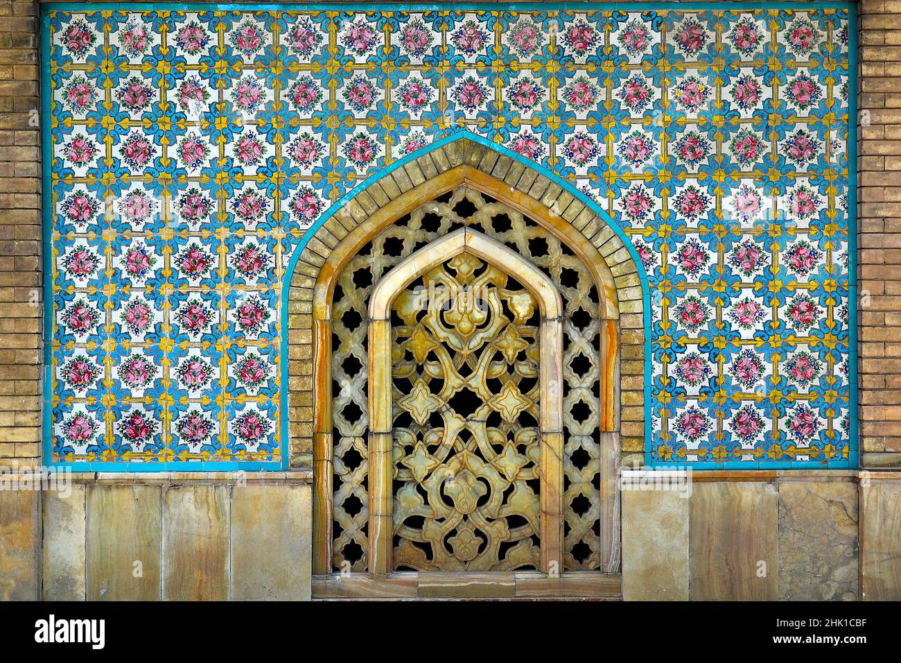 Carved ornamental stone window in Almas Diamond in the Golestan Palace complex Stock Photo