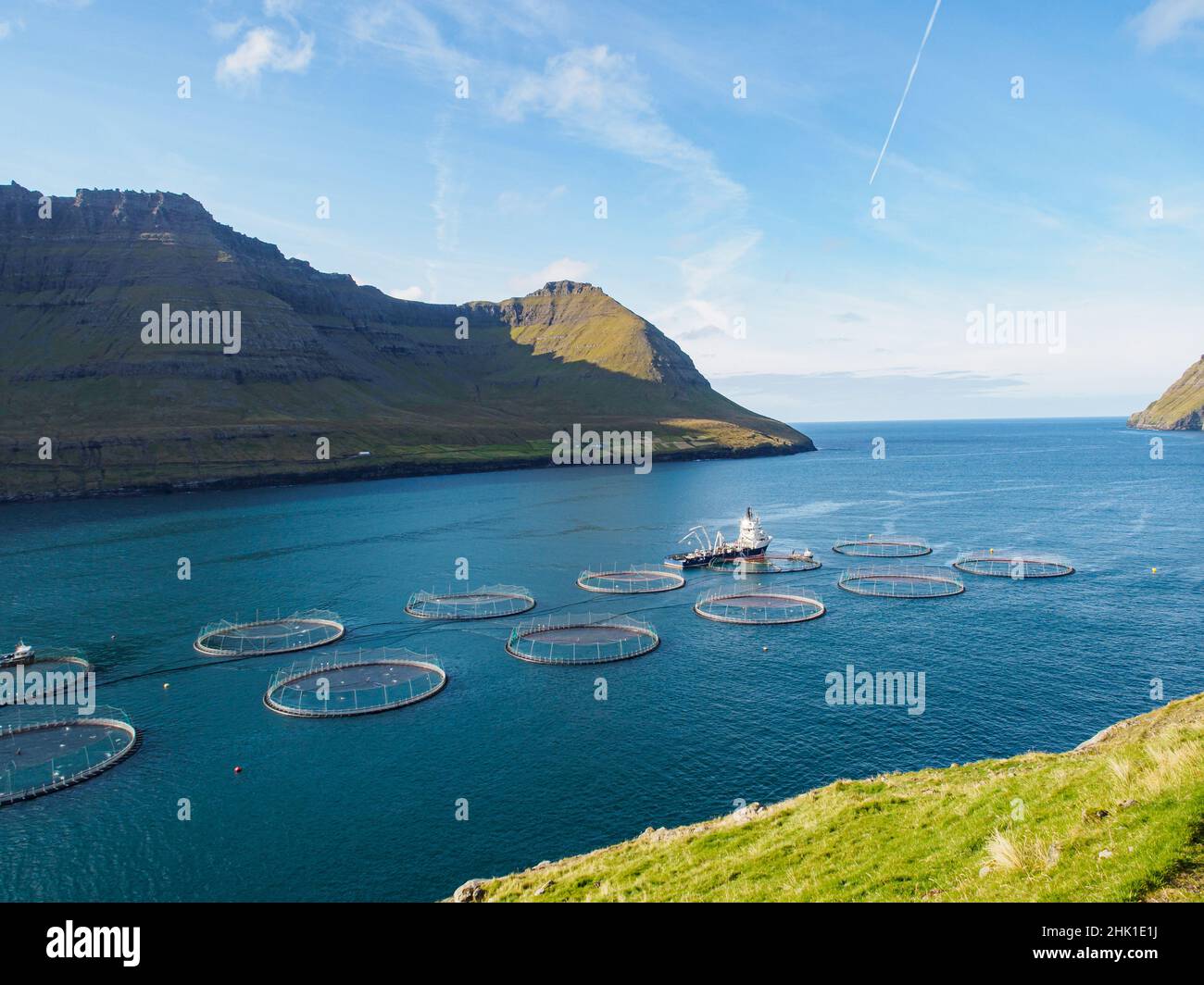Faroe Islands, Denmark Sep, 2020 Salmon farm, equipped with a