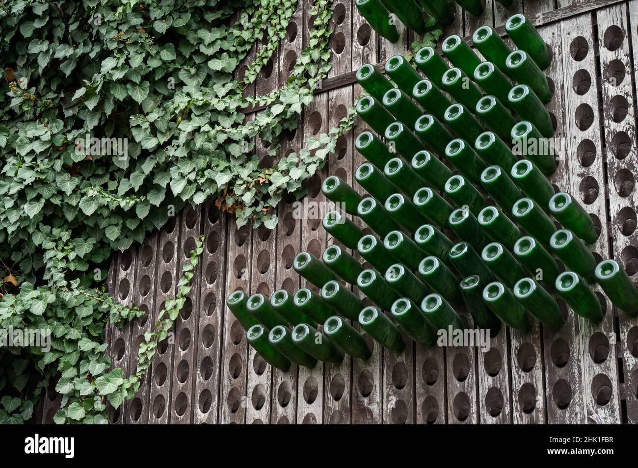 Bottles of wine are stored in wooden shelves with holes Stock Photo Alamy