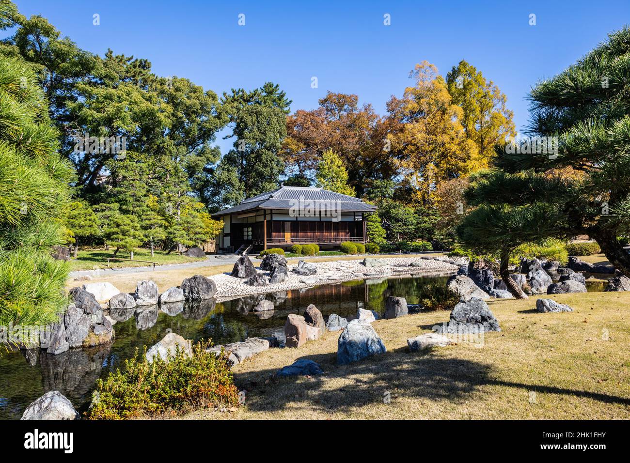 The tea house in the Seiryu-en garden of Nijo Castel in Kyoto, Japan in daylight. Stock Photo