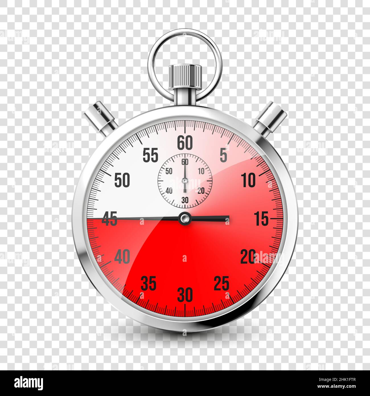 Realistic classic stopwatch icon. Shiny metal chronometer, time counter with dial. Red countdown