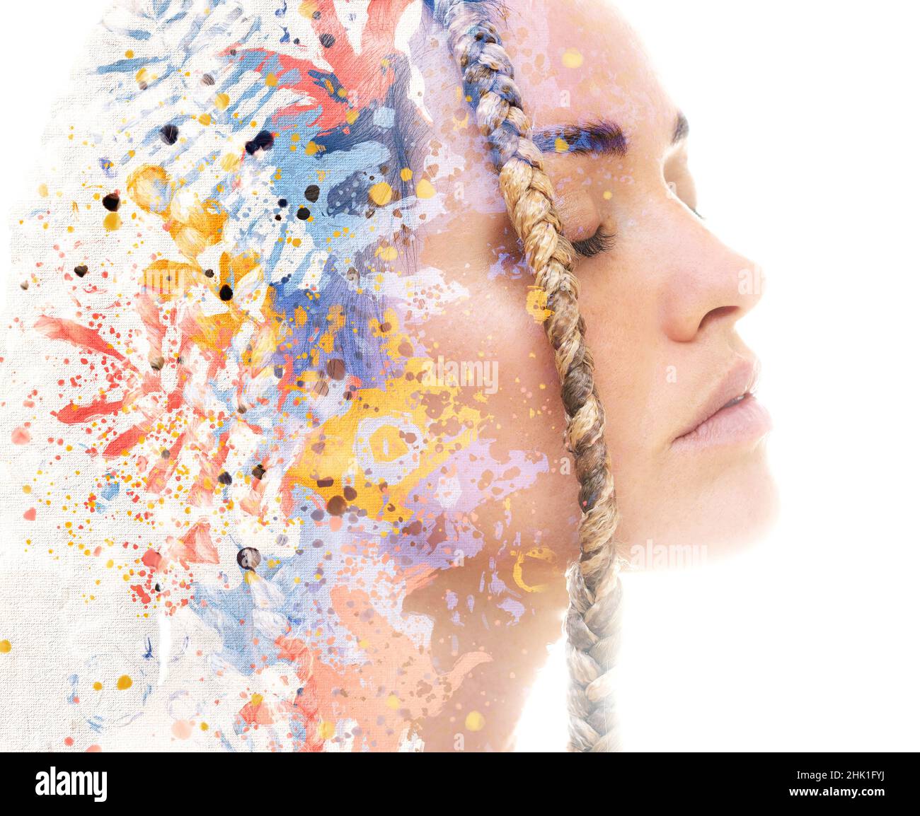 A portrait of a woman combined with digital graphics. Double exposure ...