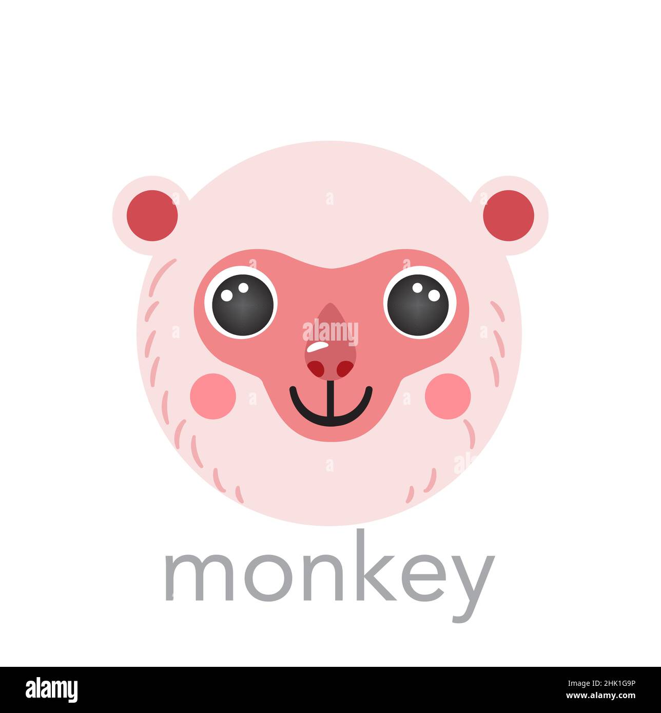 Cute monkey Japanese portrait avatar with name text smile head cartoon round shape animal face, isolated vector icon illustrations. Flat simple hand drawn for kids poster UI, t-shirts, baby clothes Stock Vector