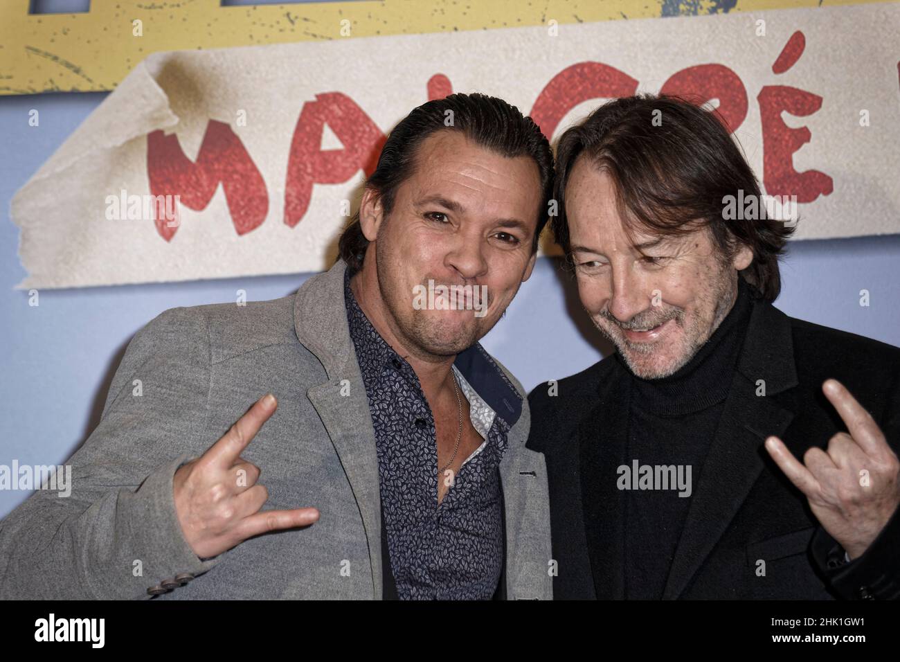 Paris, France. 31st Jan, 2022. Paco Boisson and Jean-Hugues Anglade attend the SUPER-HEROS MALGRE LUI premiere by Philippe Lacheau at Le Grand Rex. Stock Photo
