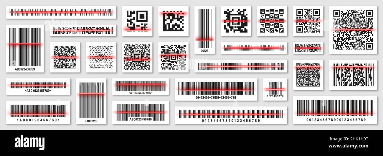 Product barcodes and QR codes with red scanning line. Identification
