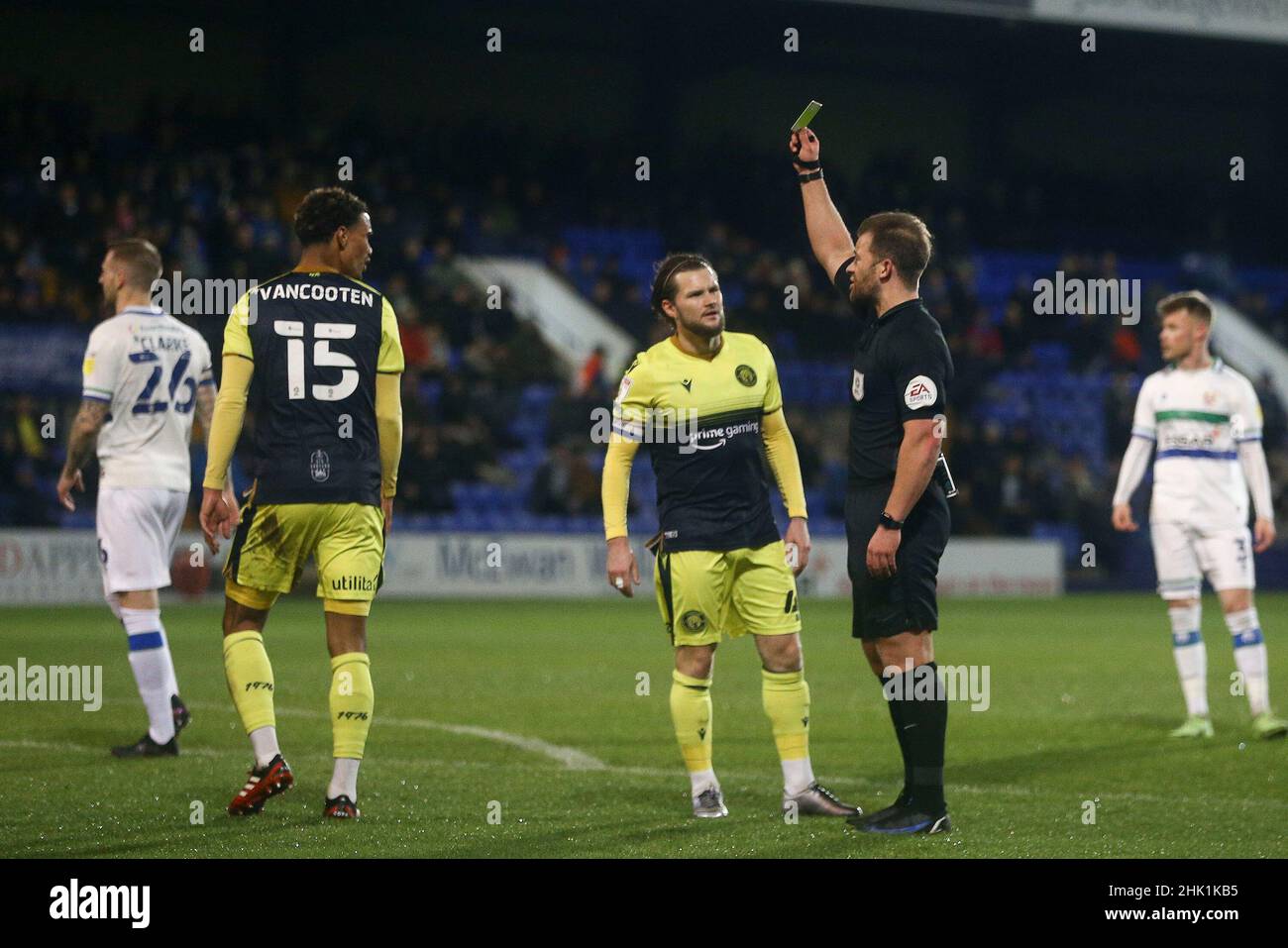 Birkenhead, UK. 01st Feb, 2022. Terence Vancooten of Stevenage receives a yellow card from referee Anthony Backhouse. EFL Skybet Football league two match, Tranmere Rovers v Stevenage at Prenton Park, Birkenhead, Wirral on Tuesday 1st February 2022. this image may only be used for Editorial purposes. Editorial use only, license required for commercial use. No use in betting, games or a single club/league/player publications.pic by Chris Stading/Andrew Orchard sports photography/Alamy Live News Credit: Andrew Orchard sports photography/Alamy Live News Stock Photo