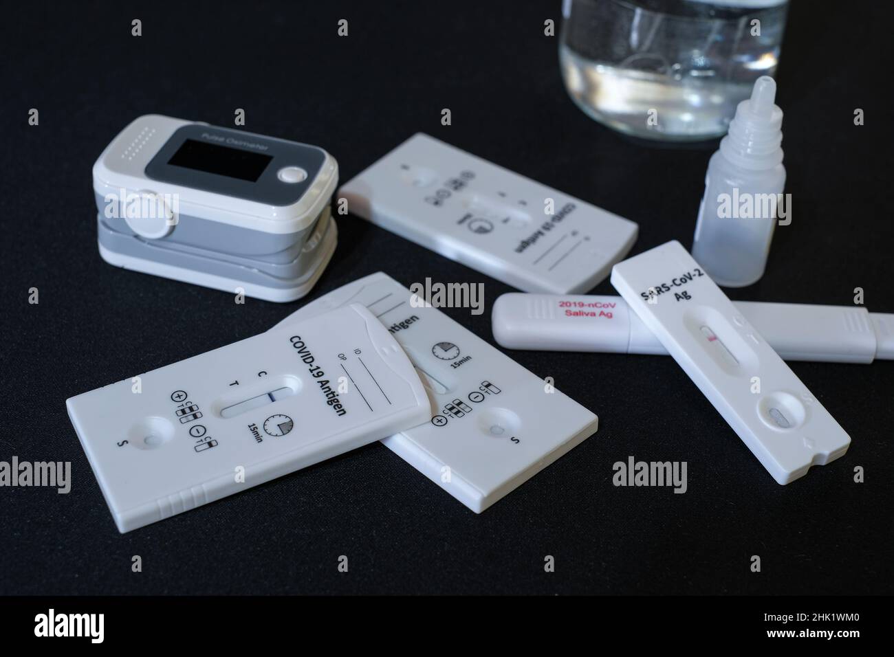 Used Antigenic covid19 tests for sars-cov-2 infection,pandemic disease screening Stock Photo