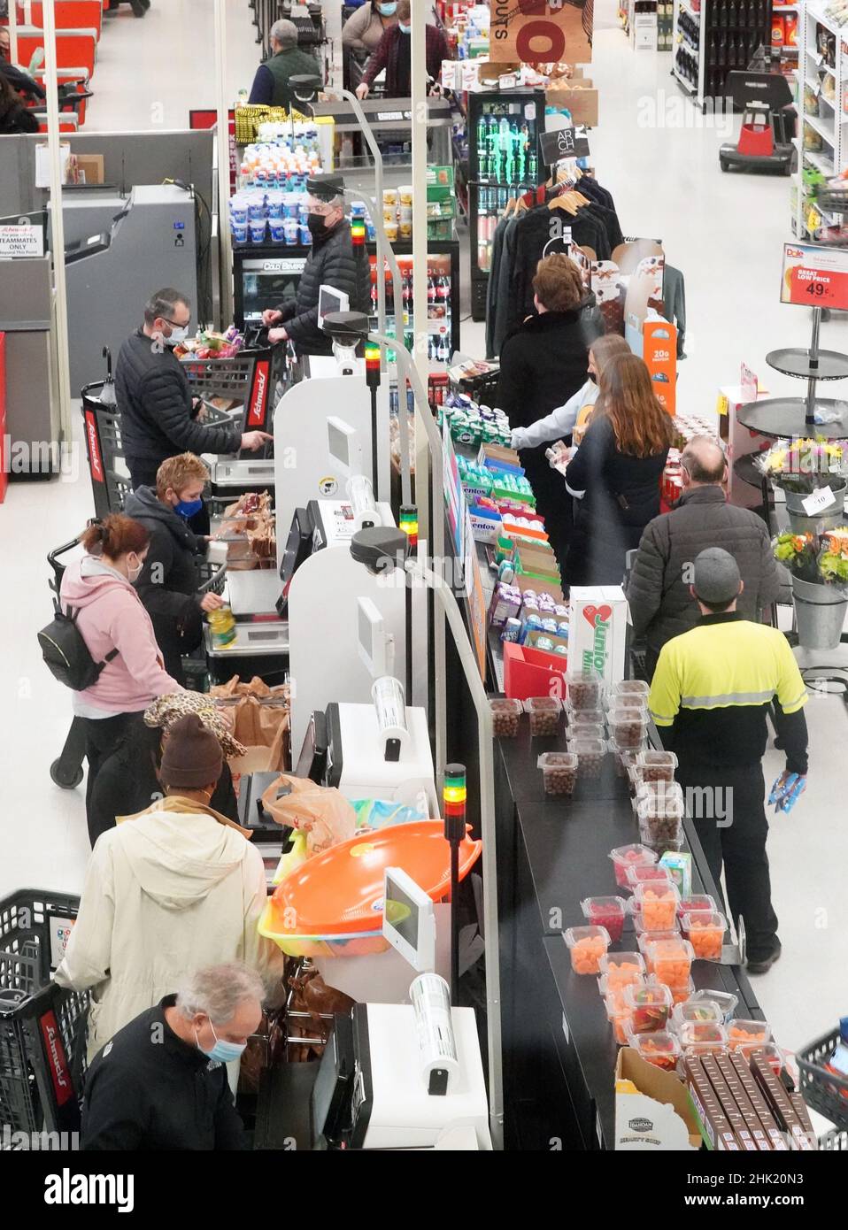 Richmond Heights, United States. 01st Feb, 2022. Shoppers line up to use the self check out at a Schnucks Supermarket in Richmond Heights, Missouri on Tuesday, February 1, 2022. People are stocking up after forecasters predict the St. Louis area could see snow fall anywhere from 8 to 14 inches on Thursday. Photo by Bill Greenblatt/UPI Credit: UPI/Alamy Live News Stock Photo