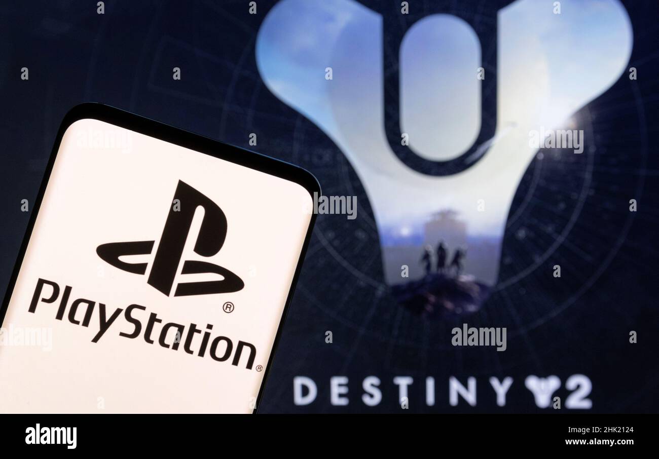 PlayStation logo is seen on a smartphone in front of Destiny game logo  displayed in this picture illustration, February 1, 2022. Picture taken  February 1, 2022. REUTERS/Dado Ruvic/Illustration Stock Photo - Alamy