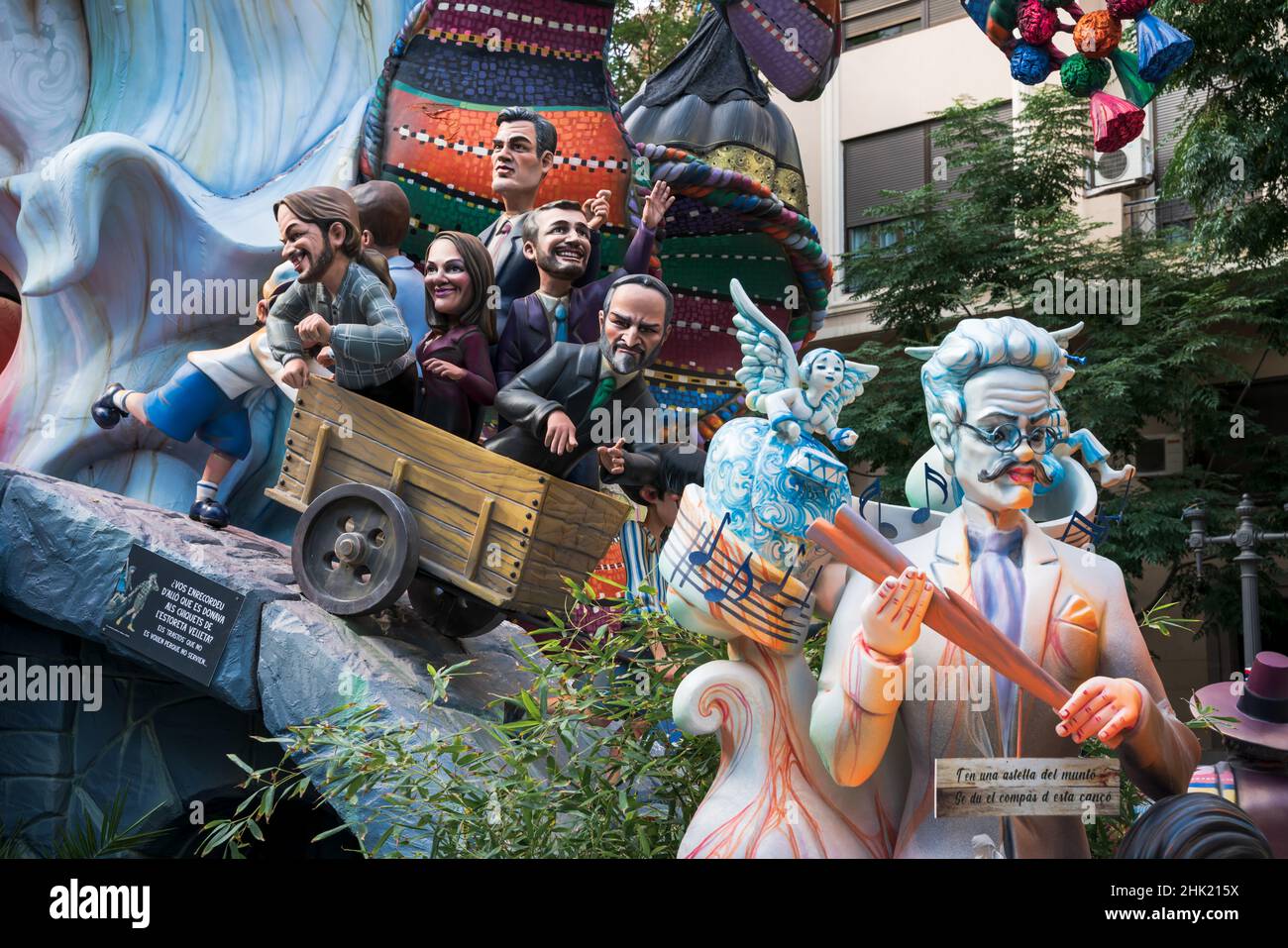 Valencia, Spain - 4 September 2021: The cartoon sculptures for the national festival Fallas are displaying current political affairs with a caricature Stock Photo