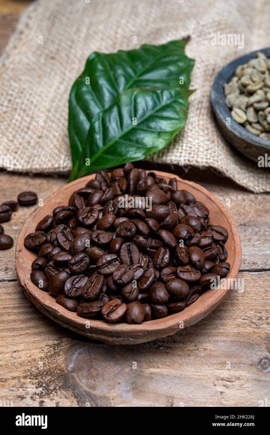 Green unroasted and brown roasted coffee beans from Africa coffee