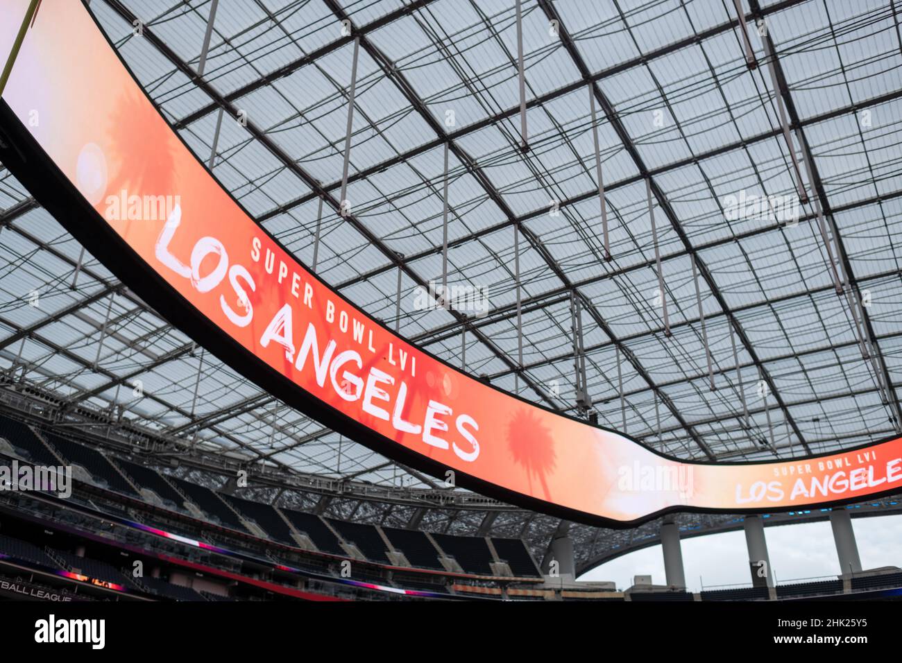 Inglewood, USA. 01st Feb, 2022. The giant video wall at SoFi Stadium shows  a Super Bowl sign. The Los Angeles Rams and Cincinnati Bengals will meet  here on February 13, 2022 (local