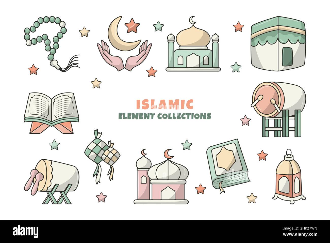 Ramadan Mubarak Elements Collections with colored hand drawn style Stock Vector