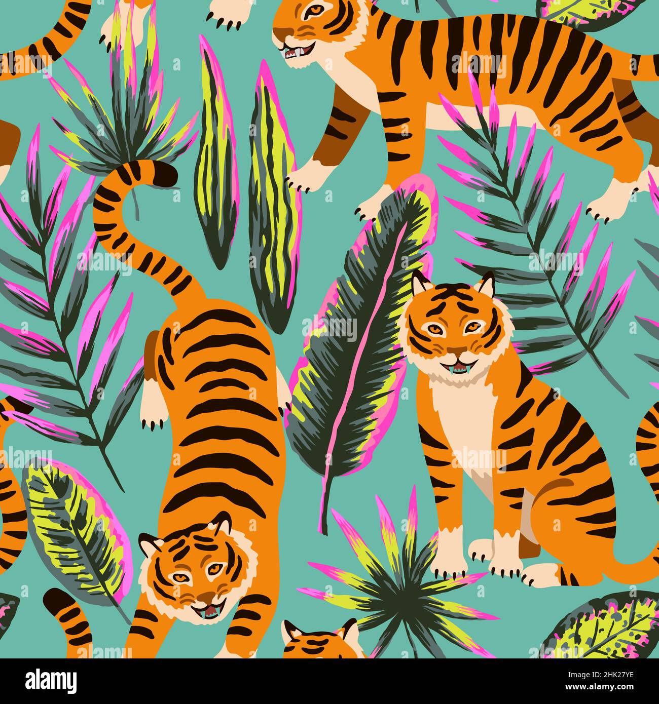 Seamless pattern with cute cartoon tigers and doodle tropical leaves.  Stock Vector