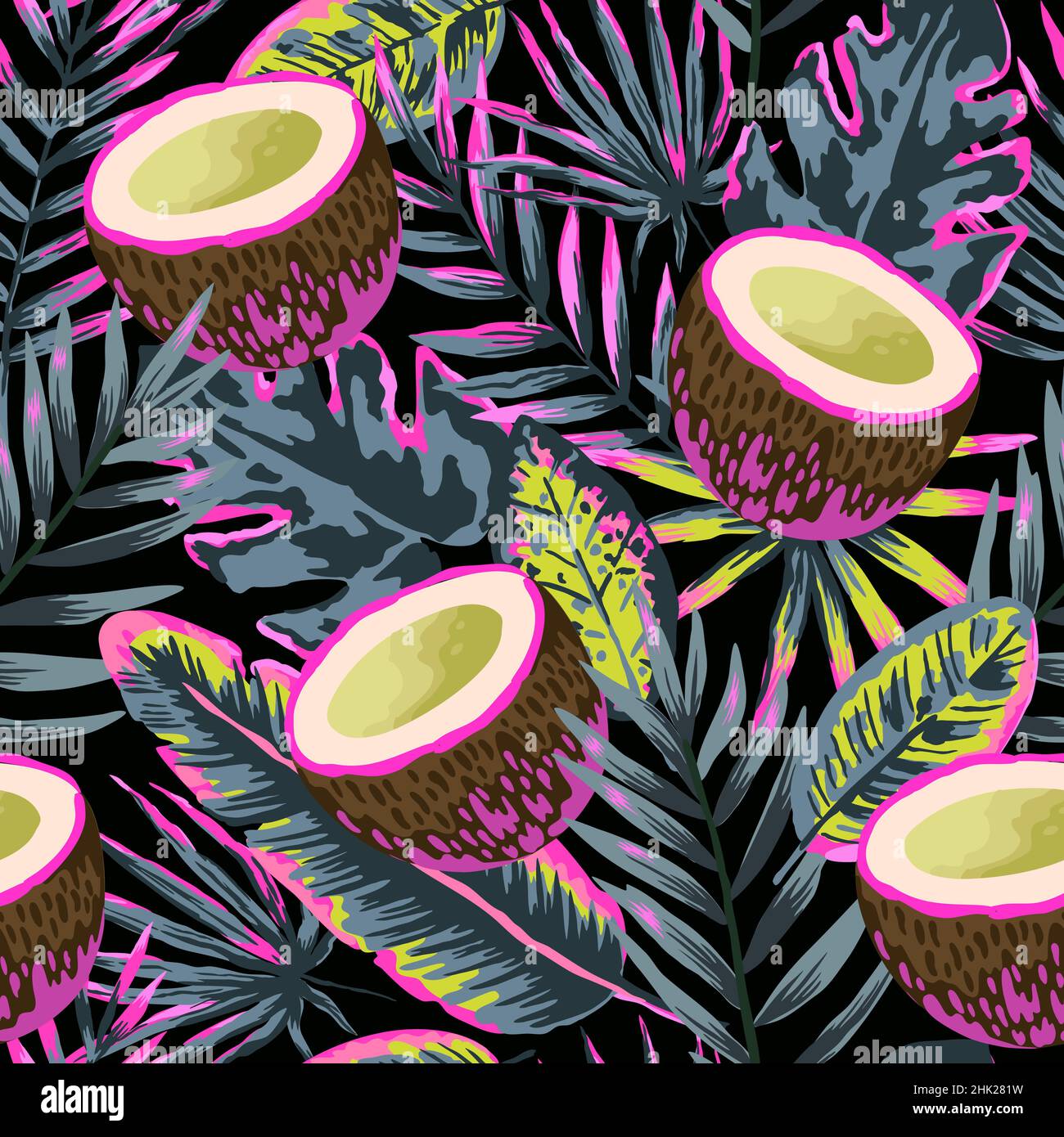 Seamless pattern with modern neon tropical leaves and coconuts for ...