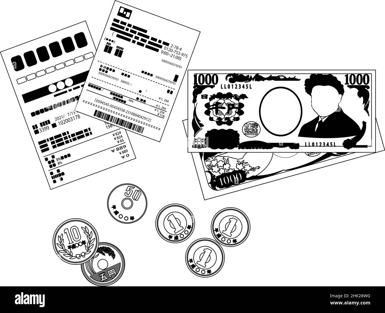 This is a illustration of Japanese yen bills and Japanese yen coins and ...