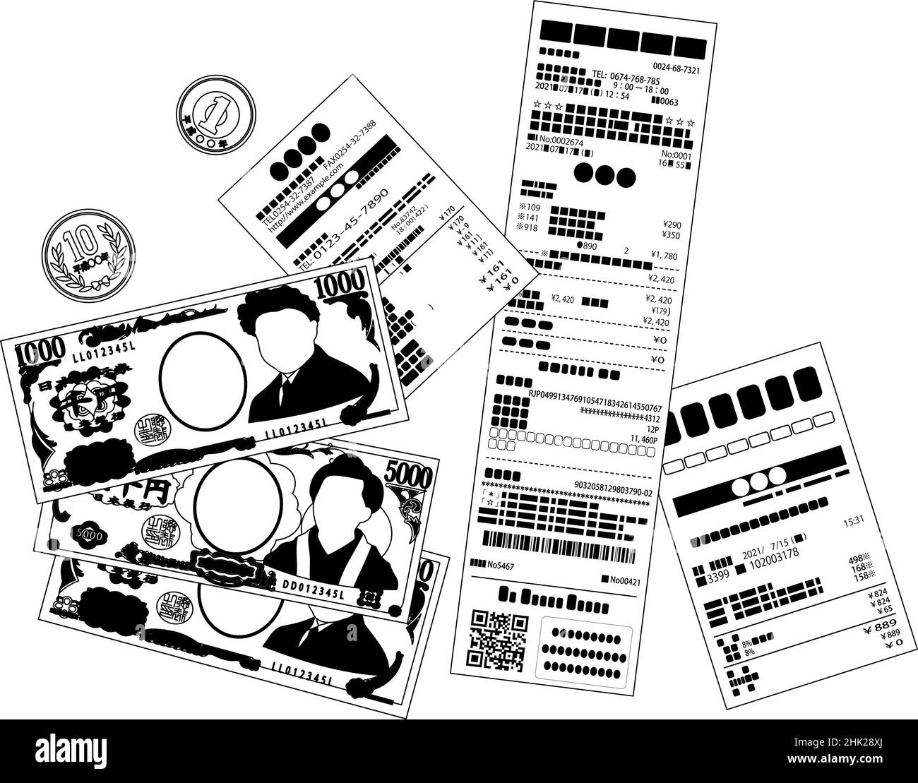 This is a illustration of Japanese yen bills and Japanese yen coins and Shopping receipt Stock Vector