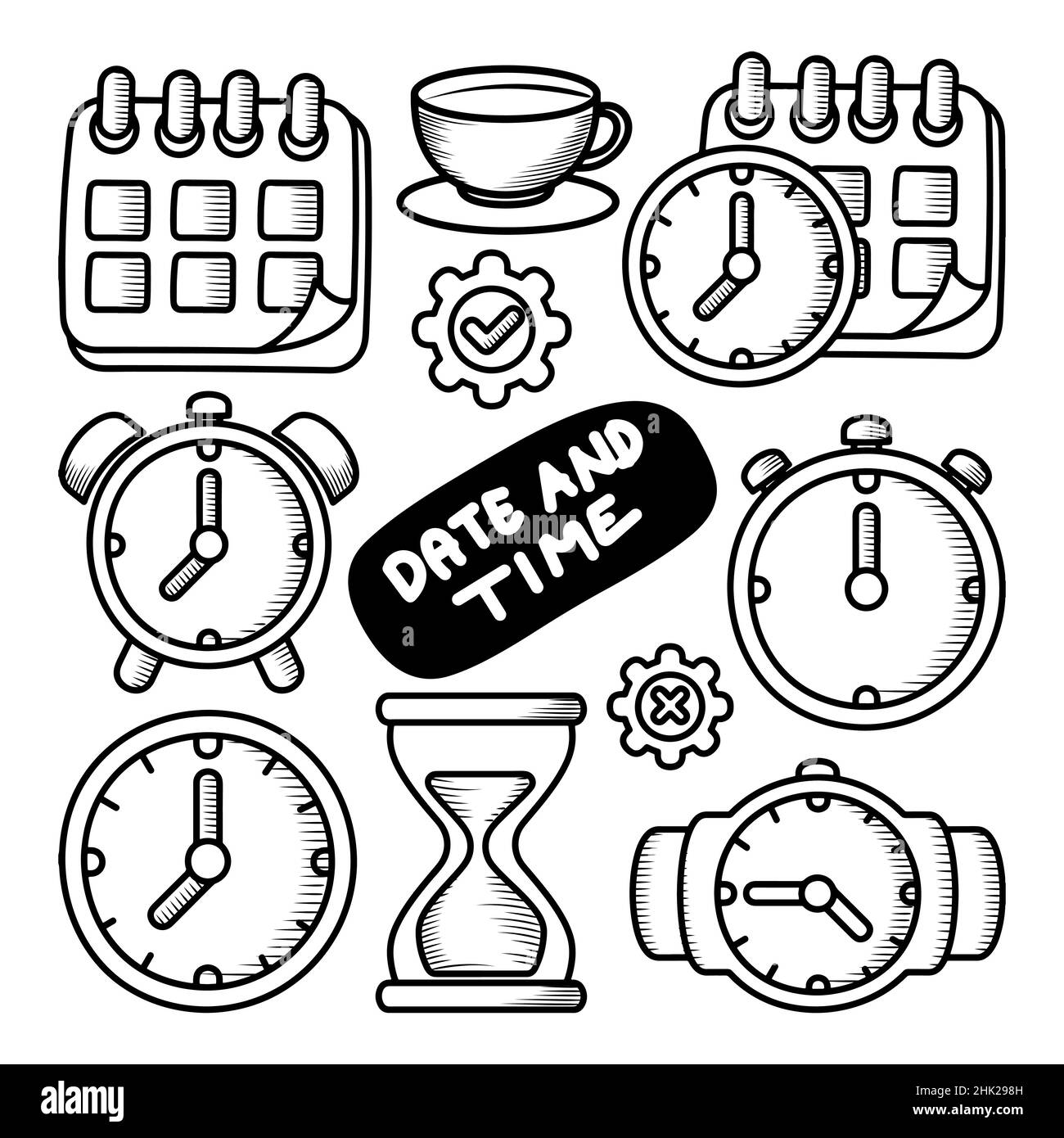 Date and time Hand drawn doodle elements Stock Vector