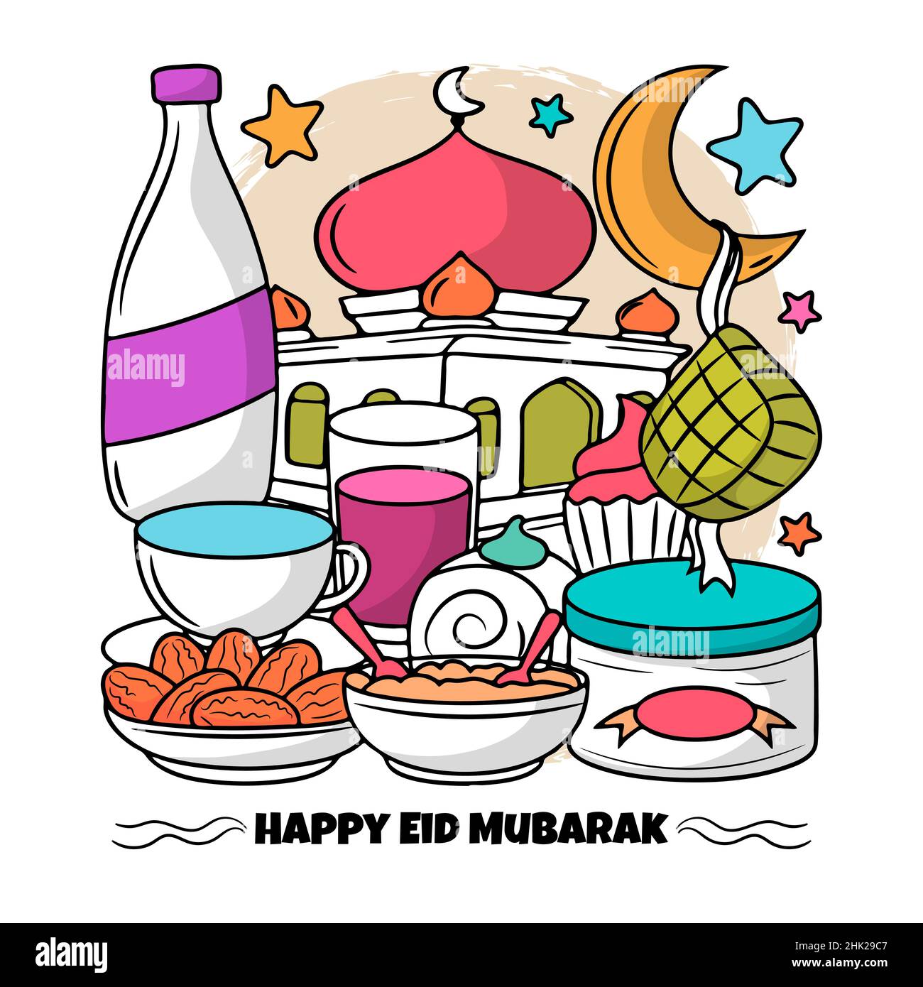 Ramadan Iftar party food with Hand drawn lineal doodle style Stock Vector