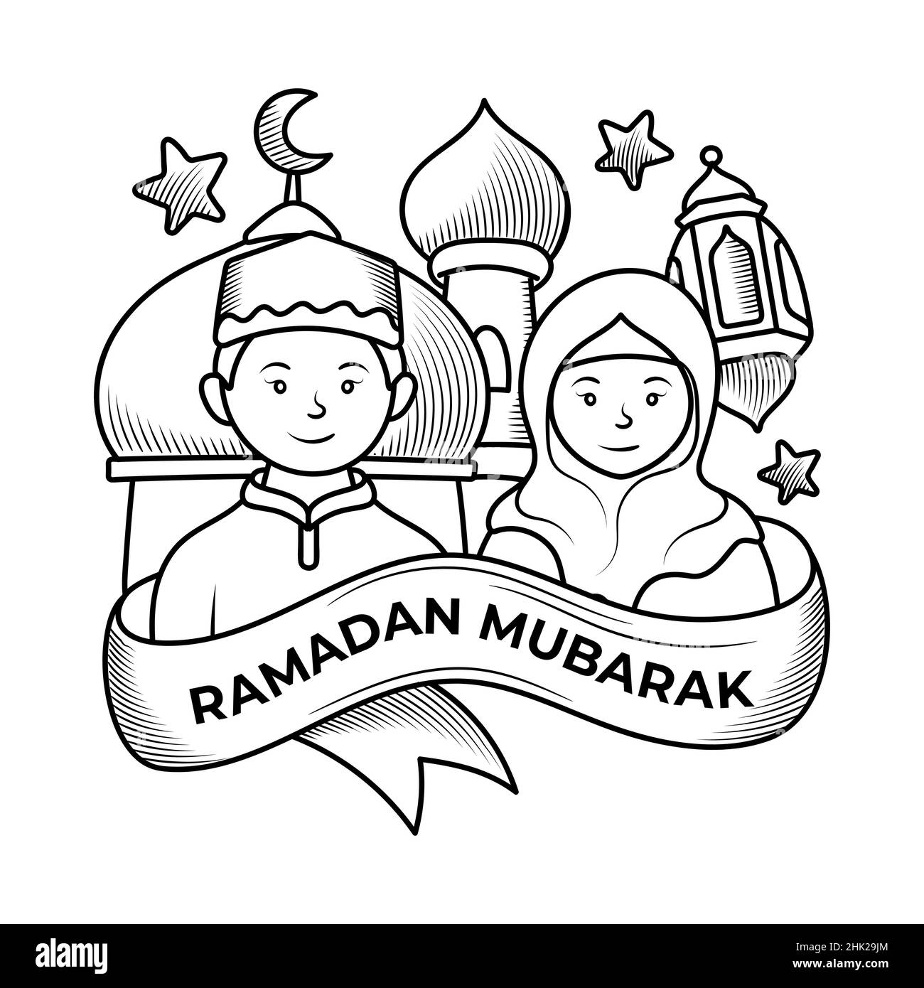 Muslim couple greeting eid ramadan doodle illustration Stock Vector