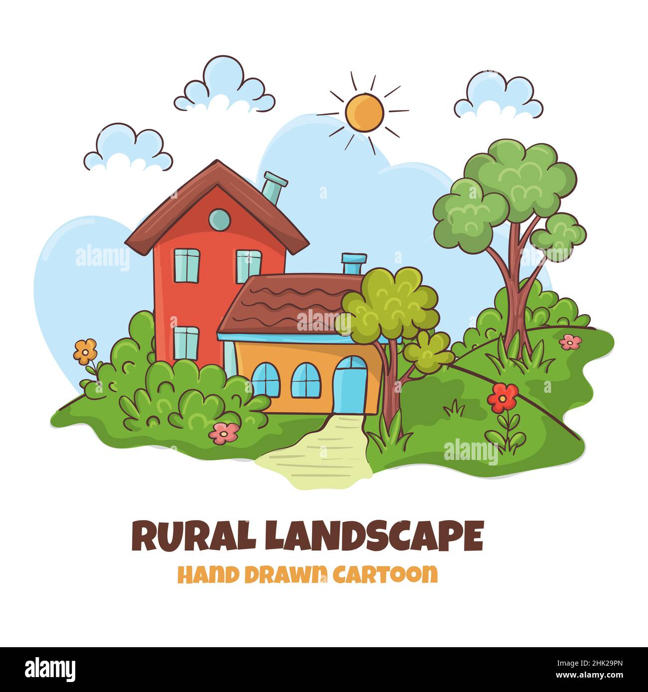 Rural house landscape with Hand drawn cartoon style Stock Vector