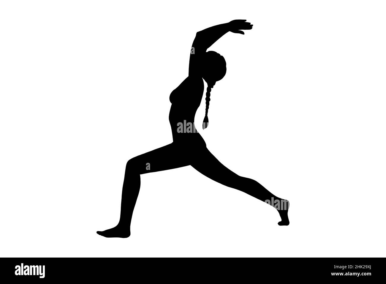 Yoga warrior pose or virabhadrasana. Woman silhouette practicing yoga pose. Vector illustration isolated on white background Stock Vector