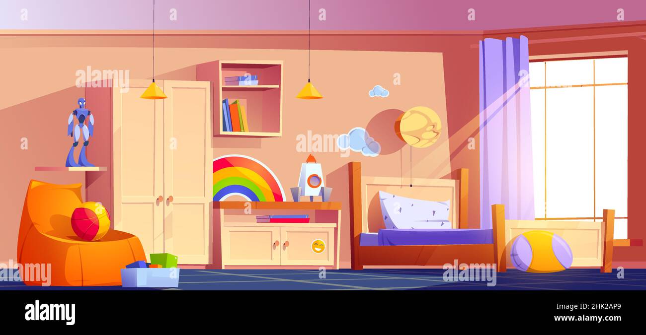 Boys bedroom with bed, bookshelf, cupboard, chair and toys box. Vector  cartoon illustration of kids room interior with nightstand, books, ball,  rocket, robot and night light on wall Stock Vector Image &