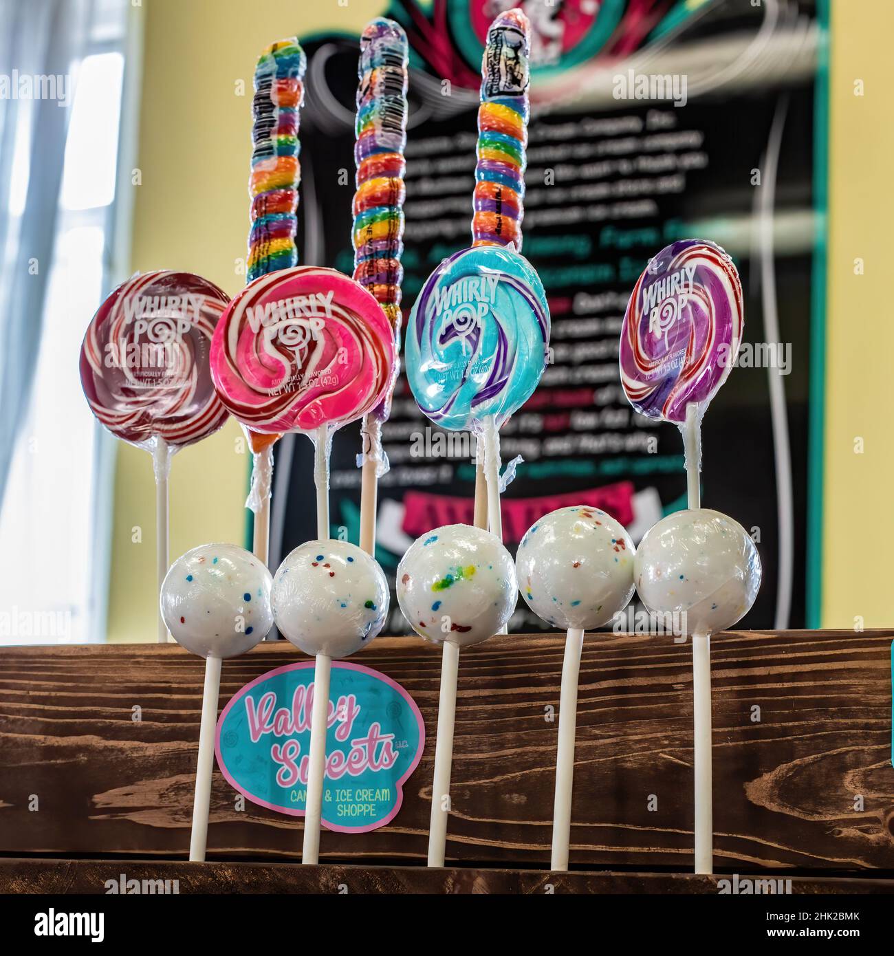 Whirly Pop Lollipop candy on display at an ice cream and candy shop, Valley Sweets Ice Cream and Candy, in St. Croix Falls, Wisconsin USA Stock Photo