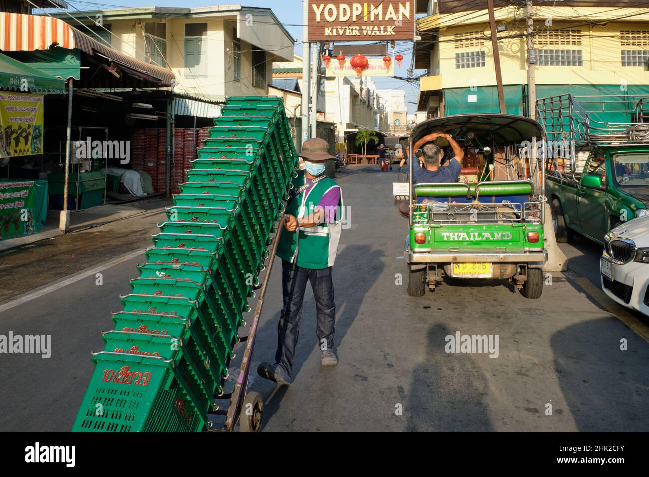 At Pak Klong Talat (market), Bangkok, Thailand, a tuk-tuk (three ...
