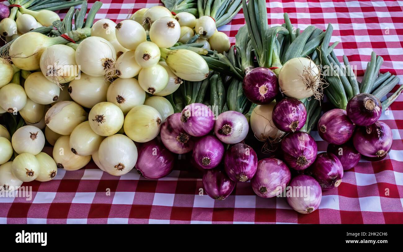 Red and white onions for sale at a farmer's market in the summer Stock ...