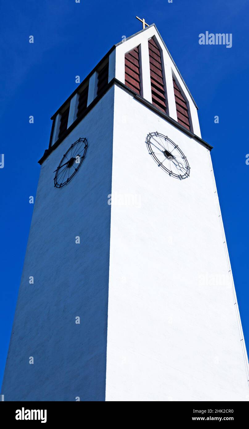 Vannas, Norrland Sweden - August 7, 2021: white church tower against blue sky Stock Photo