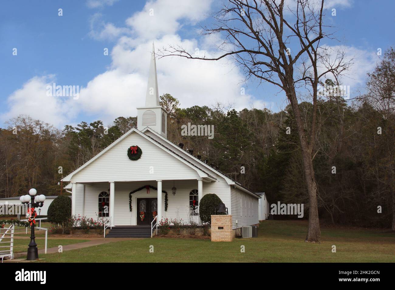 Small White Church in Rural East Texas With Christmas Decorations Stock Photo