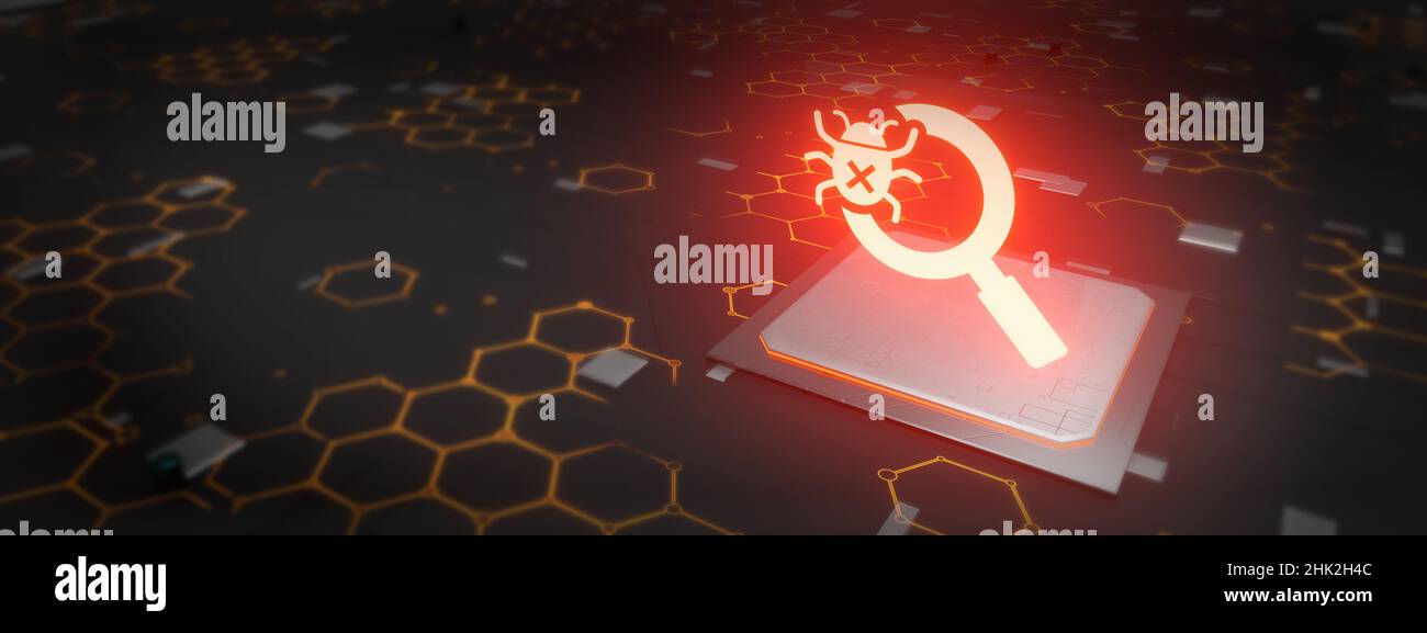 Malware bug in target with magnifier. Scanning Network Vulnerability Virus Malware Ransomware Fraud Spam Phishing Email Scam Hacker Attack IT Security Stock Photo