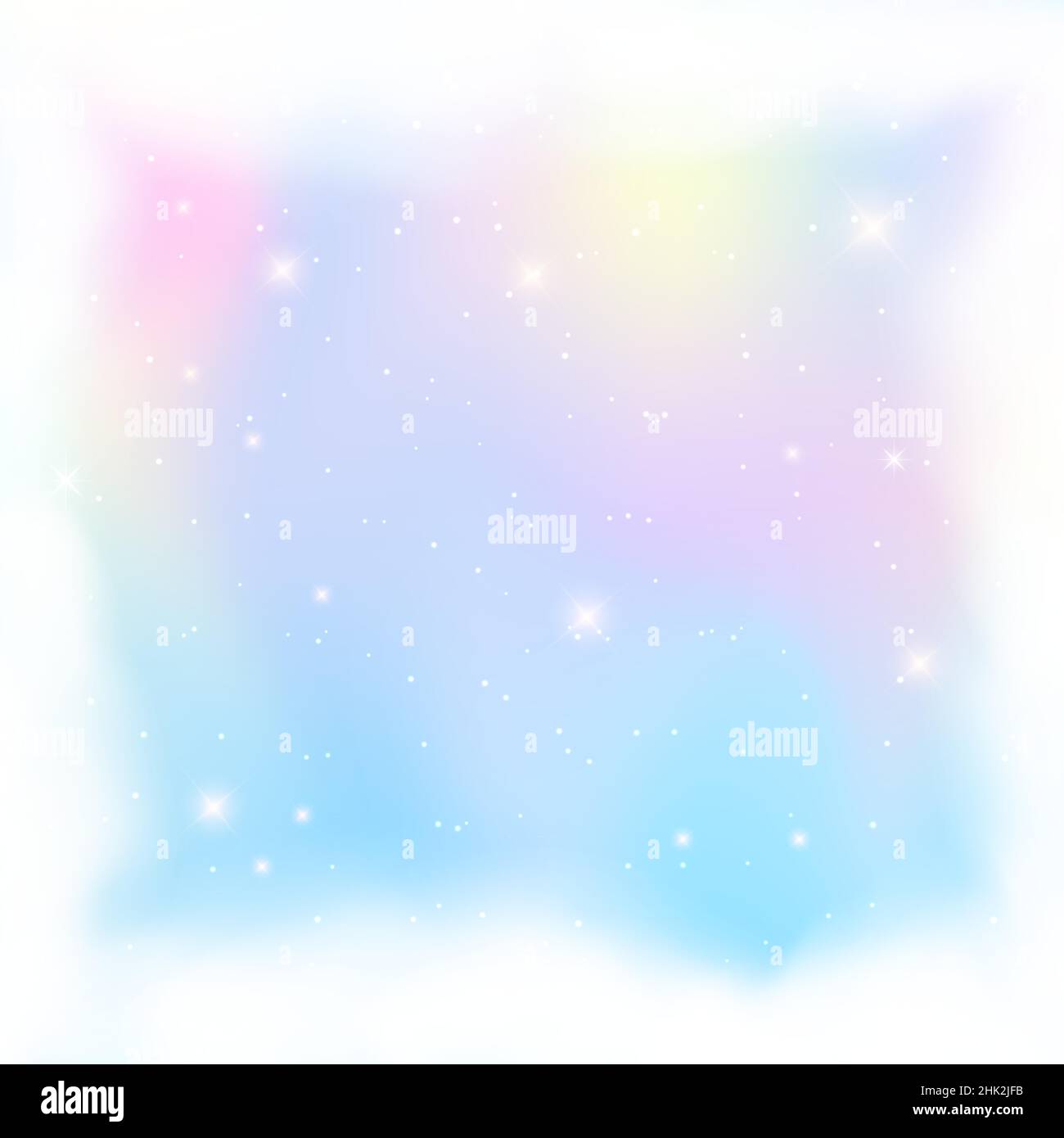 Holographic fantasy rainbow unicorn background with clouds. Pastel color sky. Magical landscape, abstract fabulous pattern and frame. Vector. Stock Vector