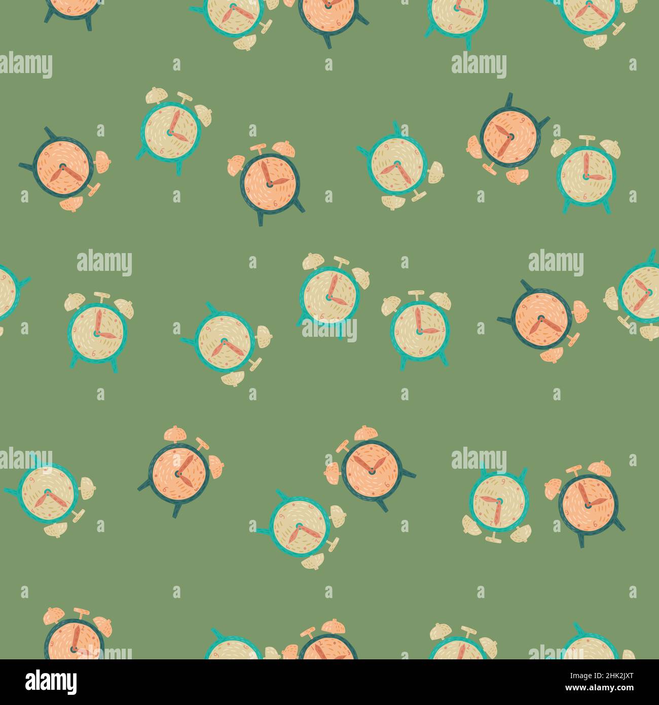 Decorative seamless pattern with retro alarm clock elements. Green ...