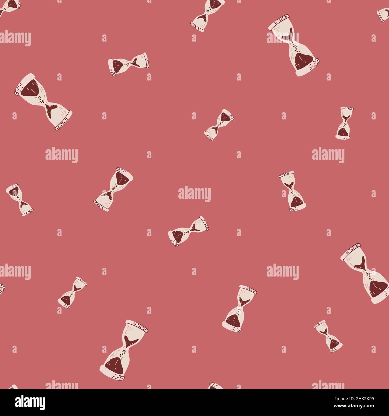 Random seamless pattern with simple style hourglass ornament. Pink background. Pastel tones backdrop. Vector illustration for seasonal textile prints, Stock Vector