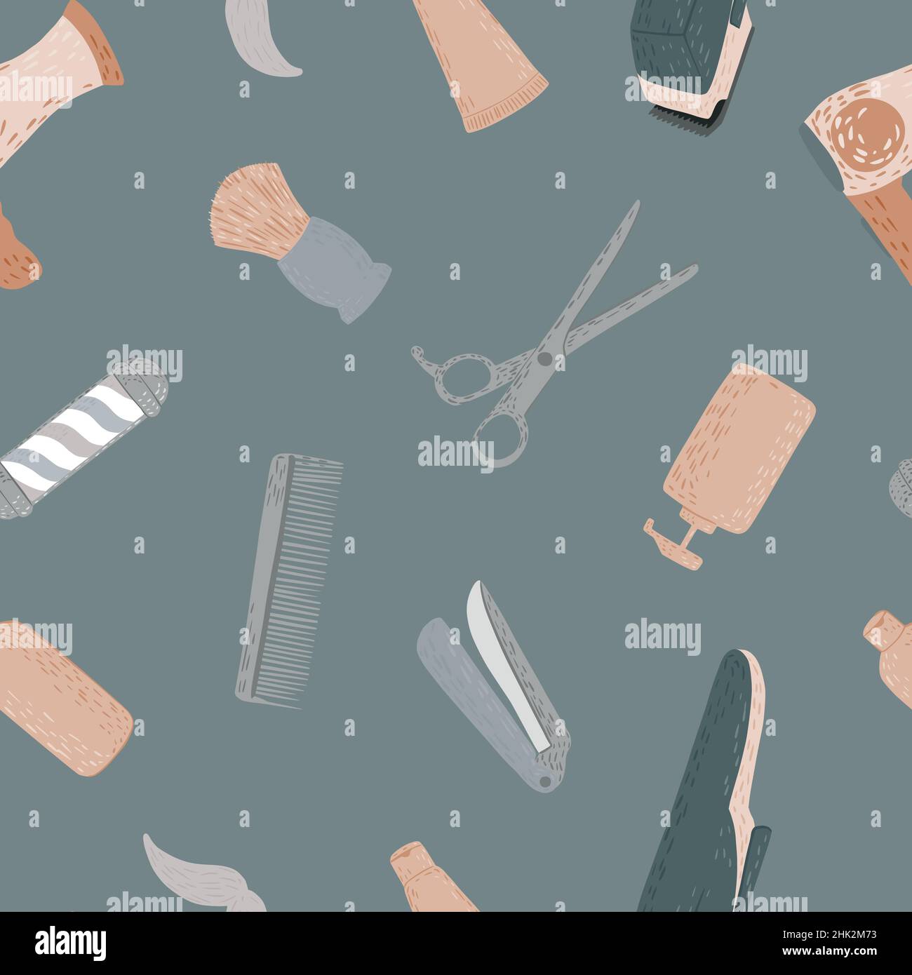 Seamless pattern hairdressing in doodle on gray background. Vintage retro instruments barber for template. Modern creative in flat style. Vector illus Stock Vector