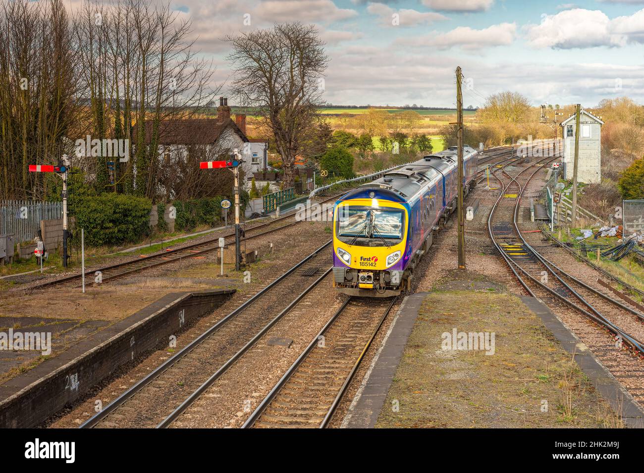 Class 185 (branded by its operators as the Pennine Class 185) seen pulling into Barnetby Station, North Lincolnshire. Stock Photo