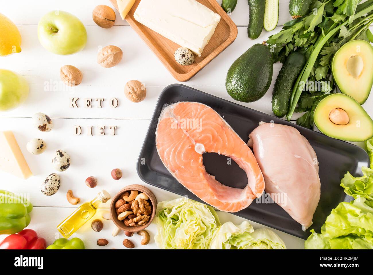 top view of the keto or ketogenic diet on a white background. a set of healthy foods with a high protein content and a good source of fat Stock Photo