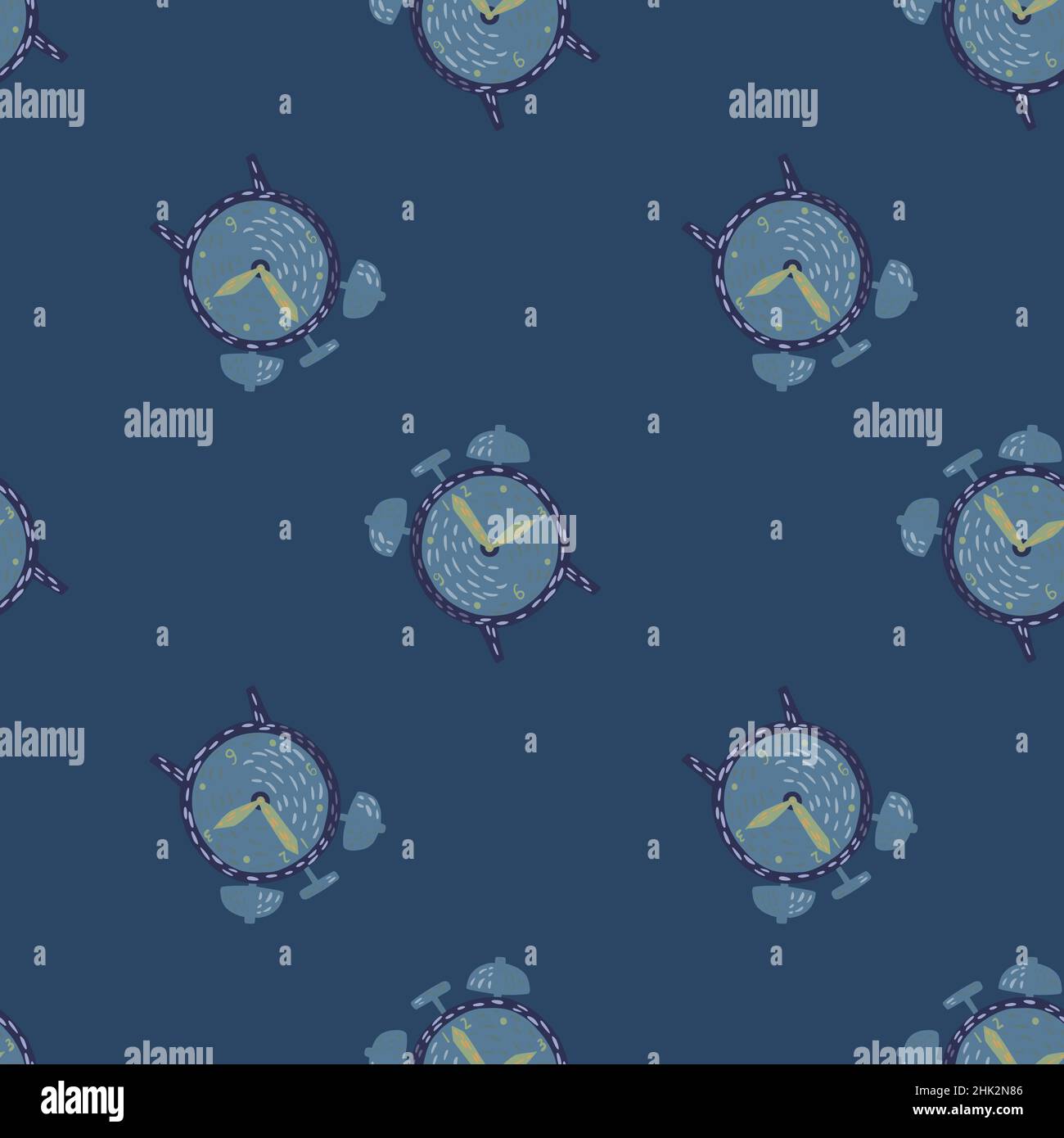 Random seamless pattern in navy blue colors with retro alarm clock ...