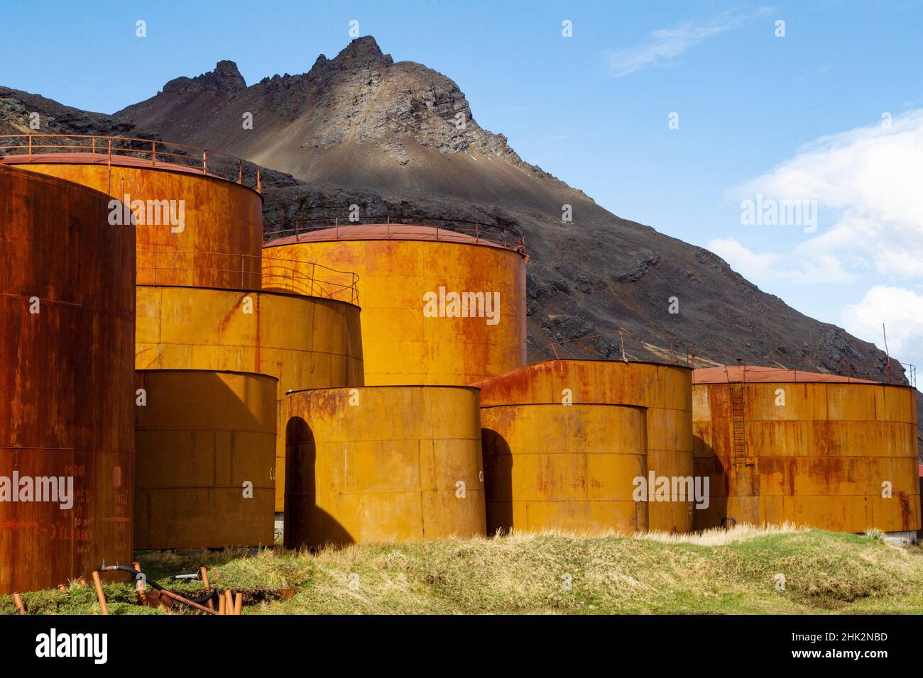 Southern Ocean, South Georgia, King Edward Cove, Grytviken, Grytviken whaling station. Abandoned tanks show the immensity of the whaling done here. Stock Photo