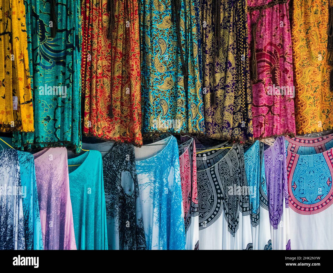 Indonesia, Bali, Ubud. A selection of Balinese fabrics, brightly colored sarongs Stock Photo