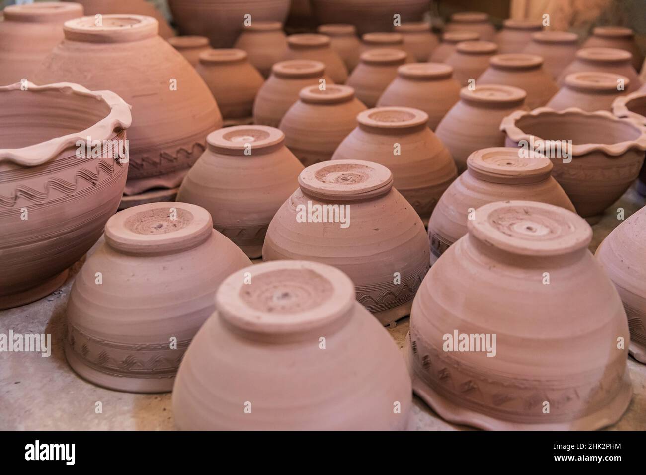 Middle East, Arabian Peninsula, Oman, Ad Dakhiliyah, Bahla. Pots at the AlAdawi pottery factory