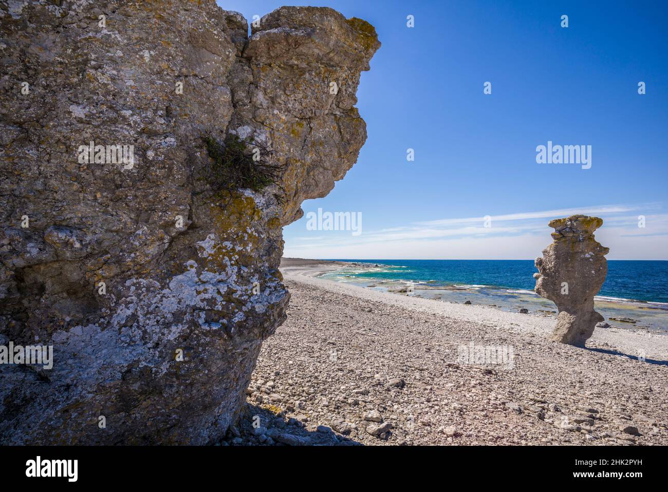 Sweden, Faro Island, Langhammars Area, Langhammar coastal limestone rauk rock Stock Photo