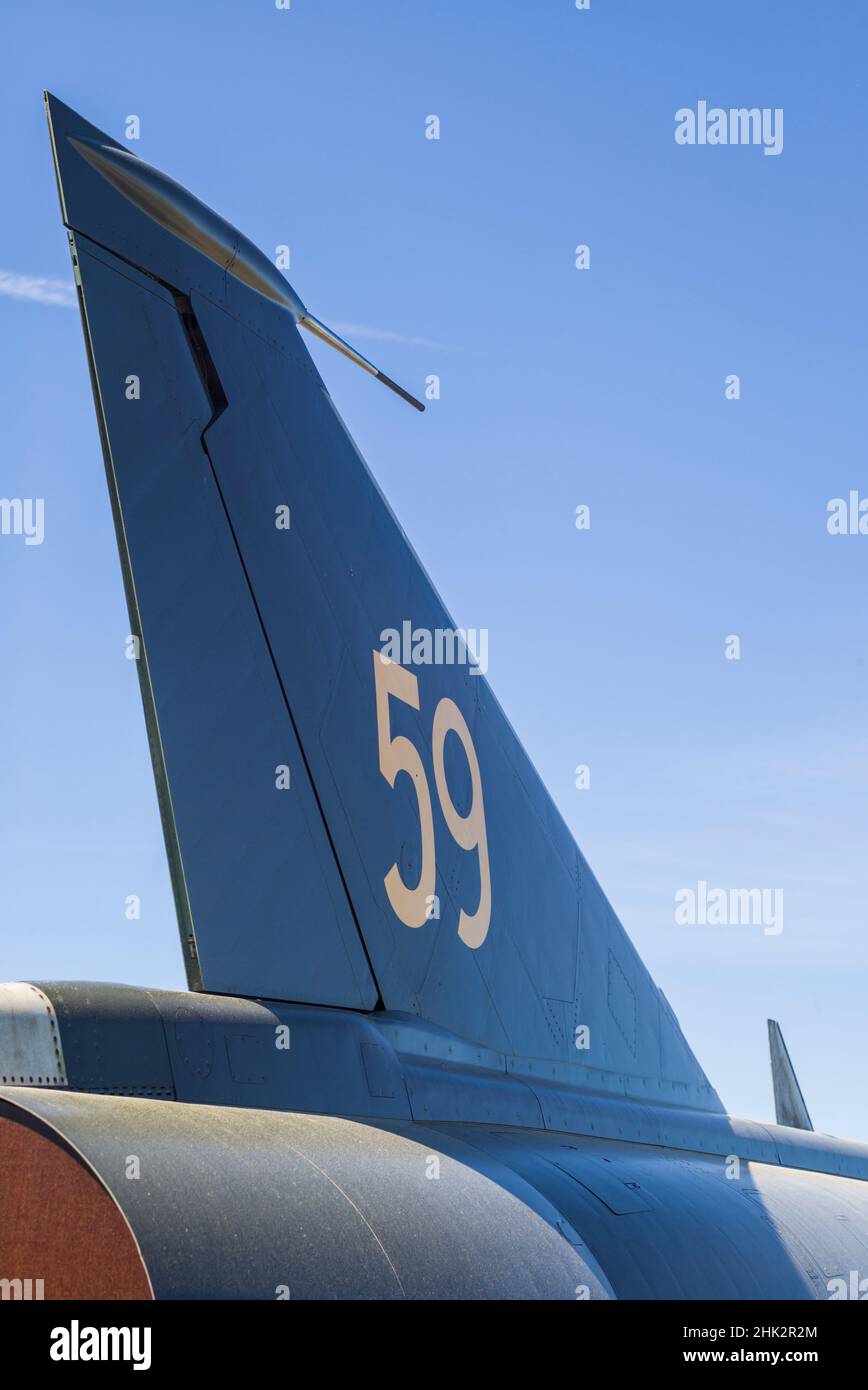 Sweden, Southeastern Sweden, Nykoping, F11 reconnaissance aircraft, F11 Museum, tail fin Stock Photo