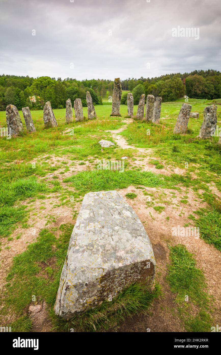 Sweden, Bohuslan, Blomsholm, Blomsholmsskeppet, stone ship circle, Iron-age burial ground, 400-600 AD Stock Photo